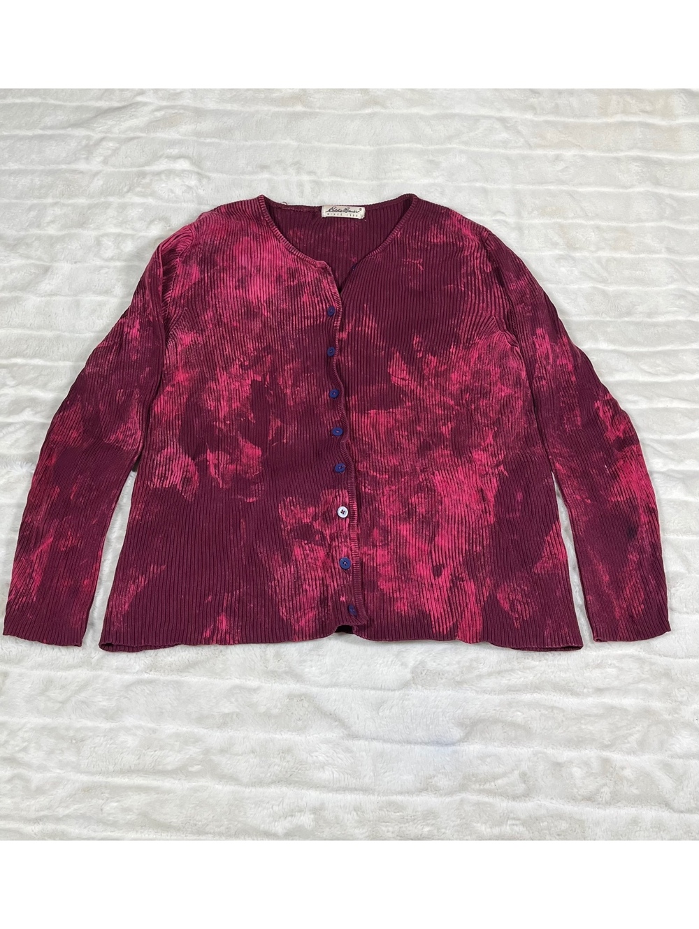VTG Eddie Bauer L/XL Raspberry Red Pink Bleach Dye Grunge Distress Cardigan
